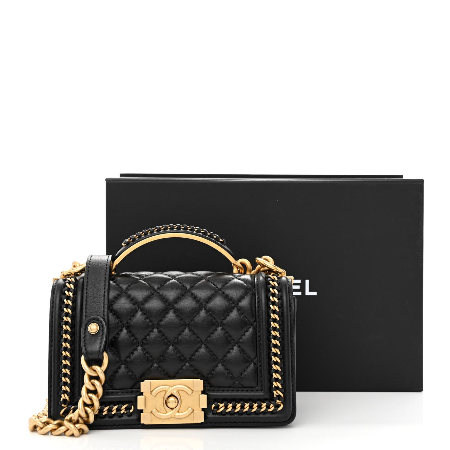 Lambskin Quilted Small Top Handle Boy Flap Black