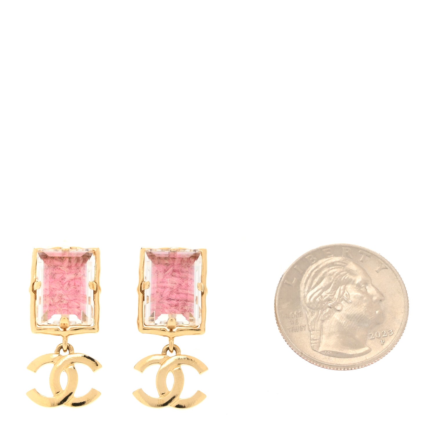 Chanel Crystal Tweed CC Drop Earrings Pink Gold 2 of 5