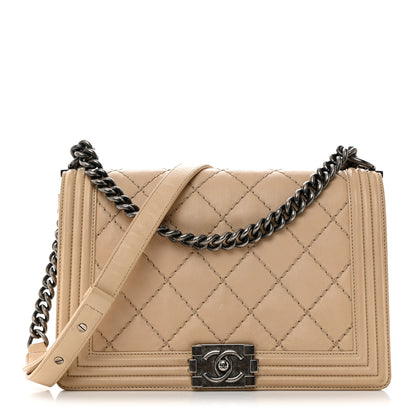 Chanel Calfskin Quilted Double Stitch New Medium Boy Flap Beige 1 of 12