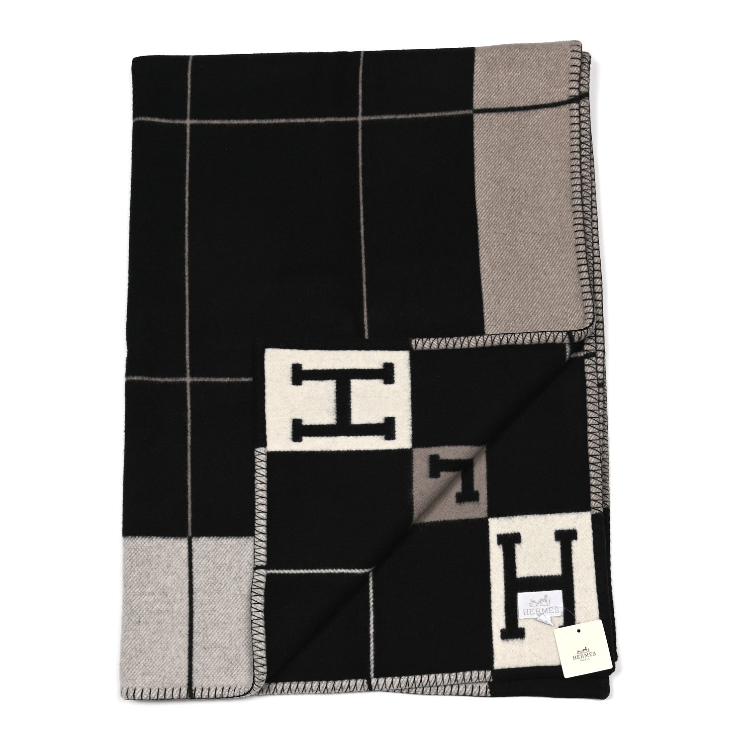 Hermes Wool Cashmere Avalon III Blanket Ecru Black 2 of 3