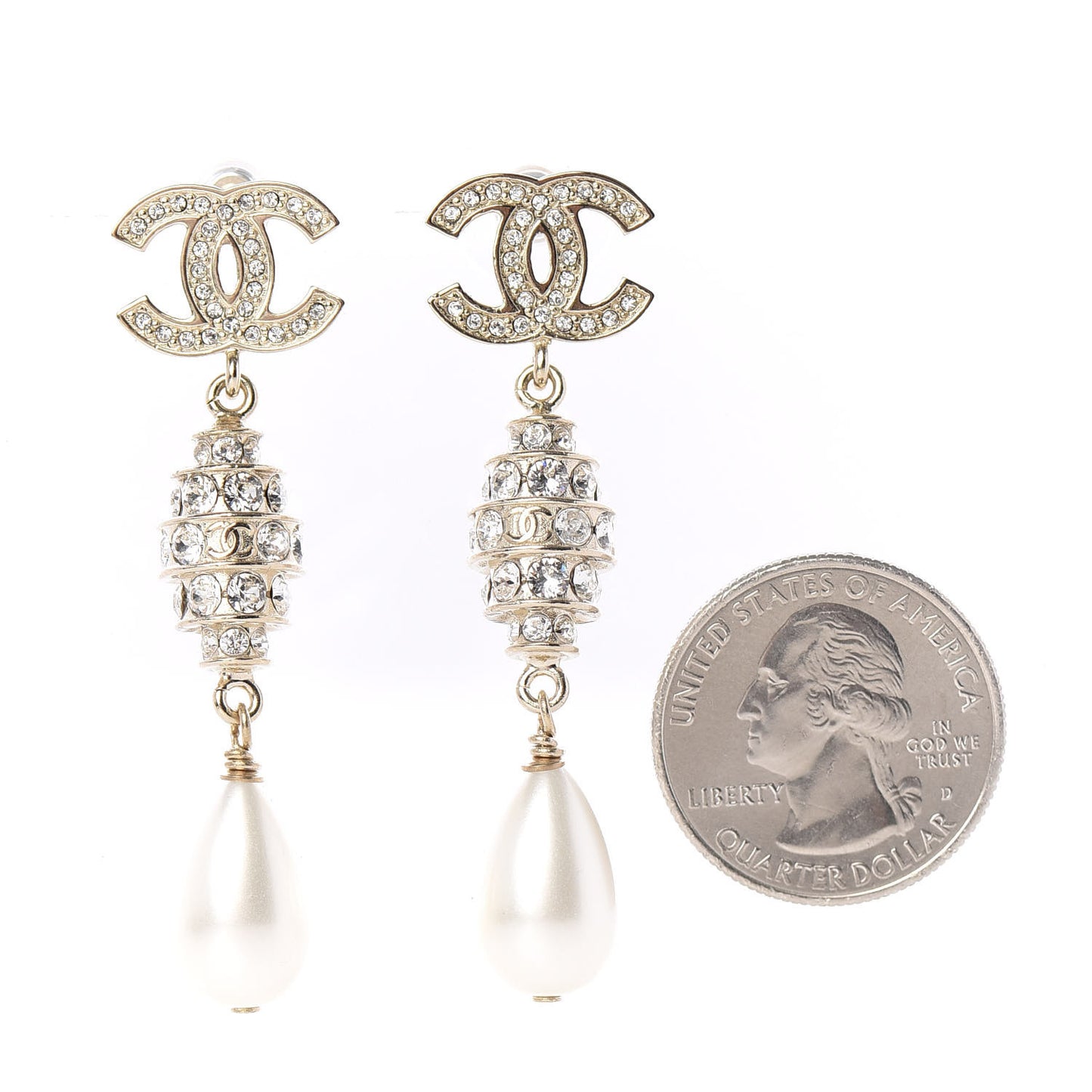 Pearl Crystal CC Drop Earrings Gold