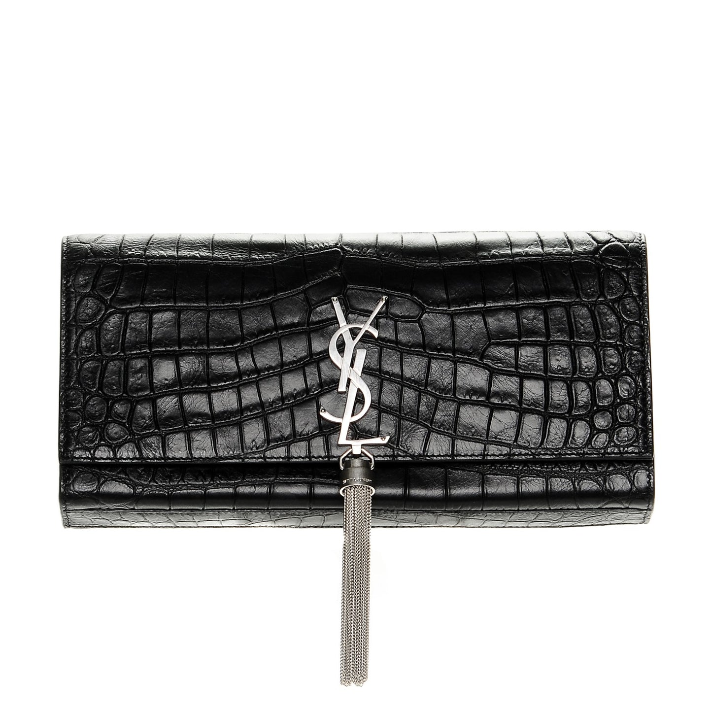 Calfskin Crocodile Embossed Classic Monogram Tassel Clutch Black