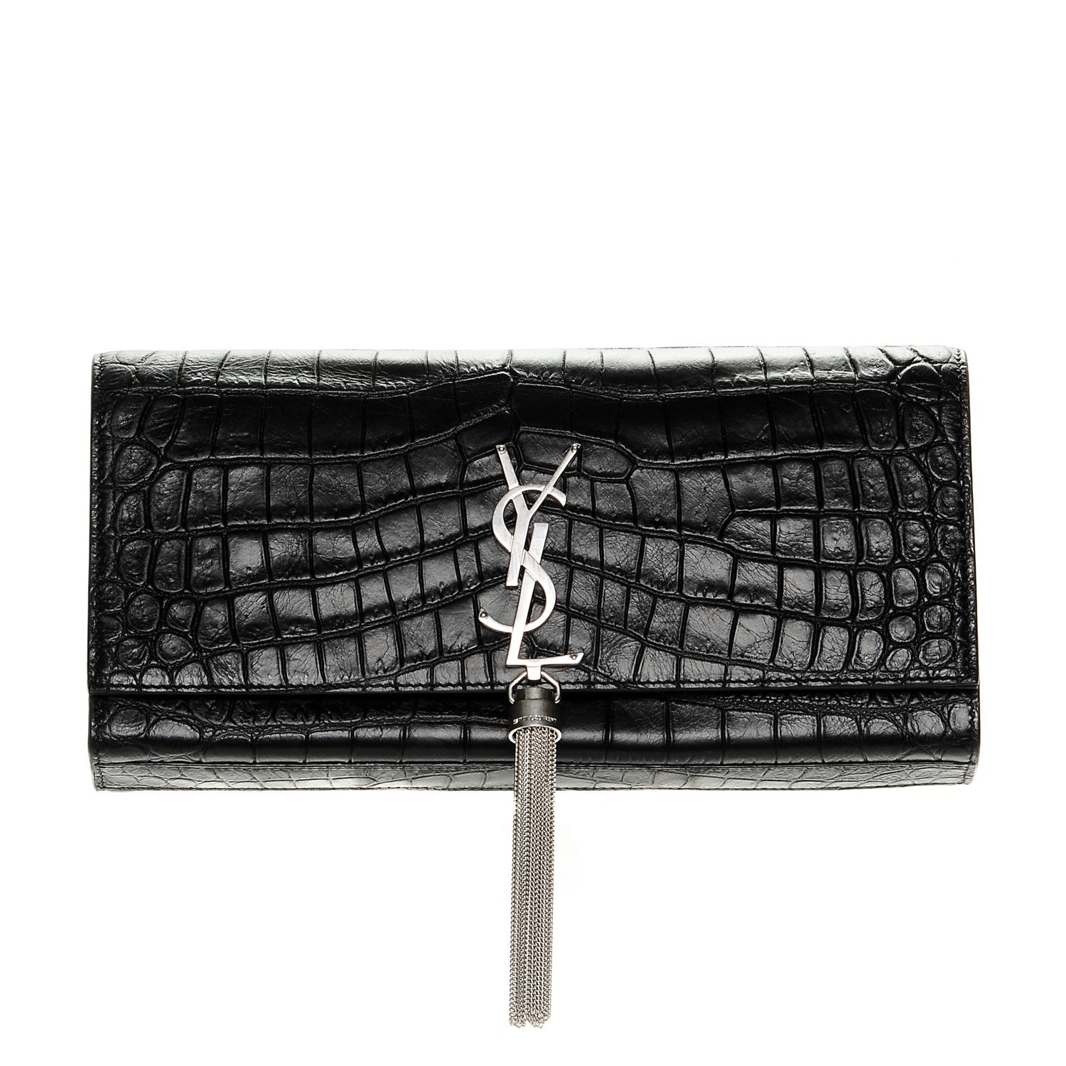 Saint Laurent Calfskin Crocodile Embossed Classic Monogram Tassel Clutch Black 1 of 7