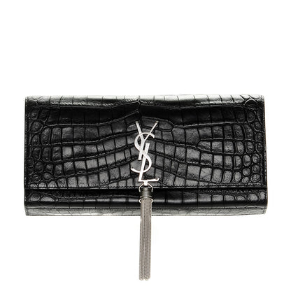 Saint Laurent Calfskin Crocodile Embossed Classic Monogram Tassel Clutch Black 1 of 7