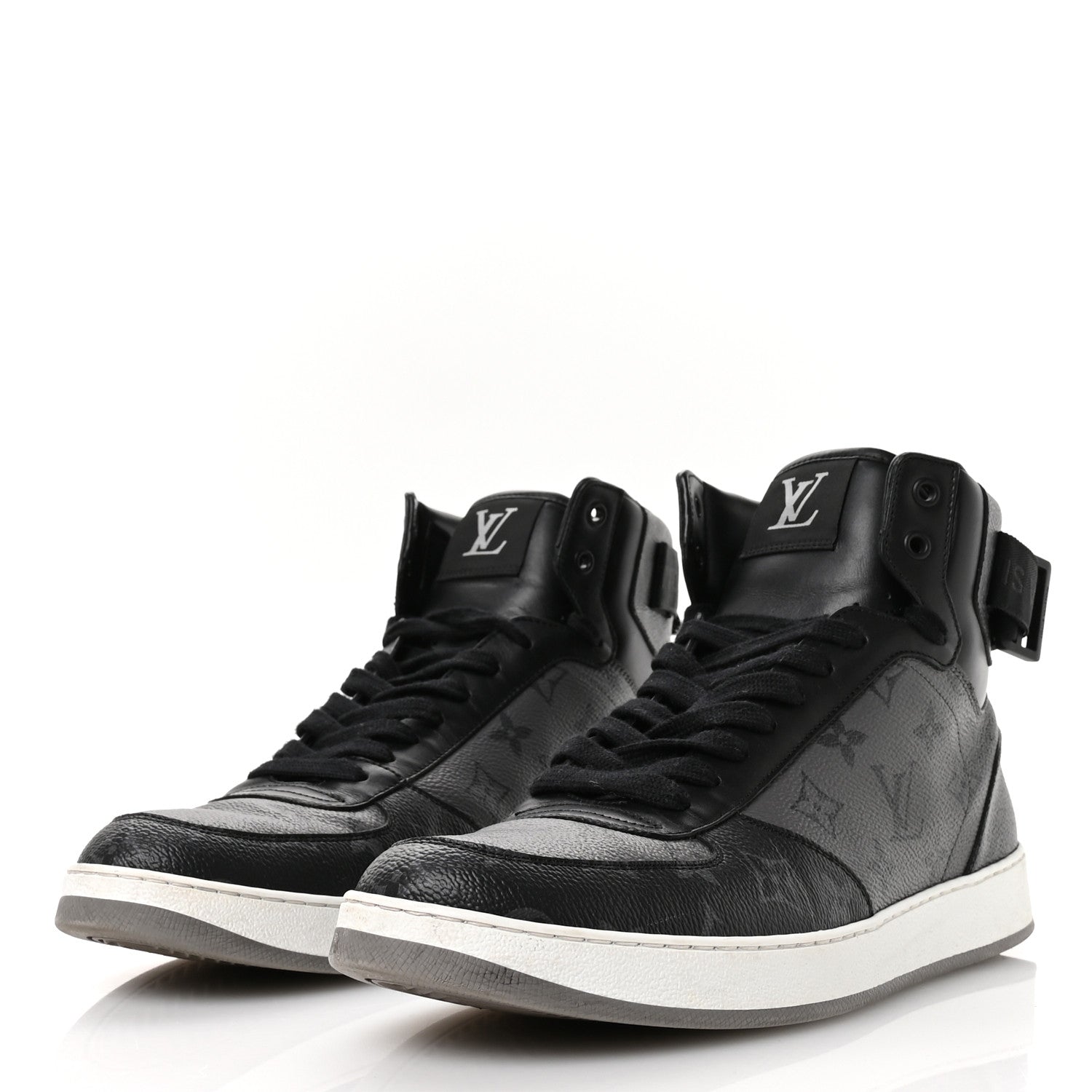 Louis Vuitton Calfskin Monogram Eclipse Mens Rivoli High Top Sneakers 10 Black Grey 4 of 8