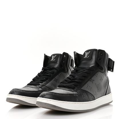 Louis Vuitton Calfskin Monogram Eclipse Mens Rivoli High Top Sneakers 10 Black Grey 4 of 8