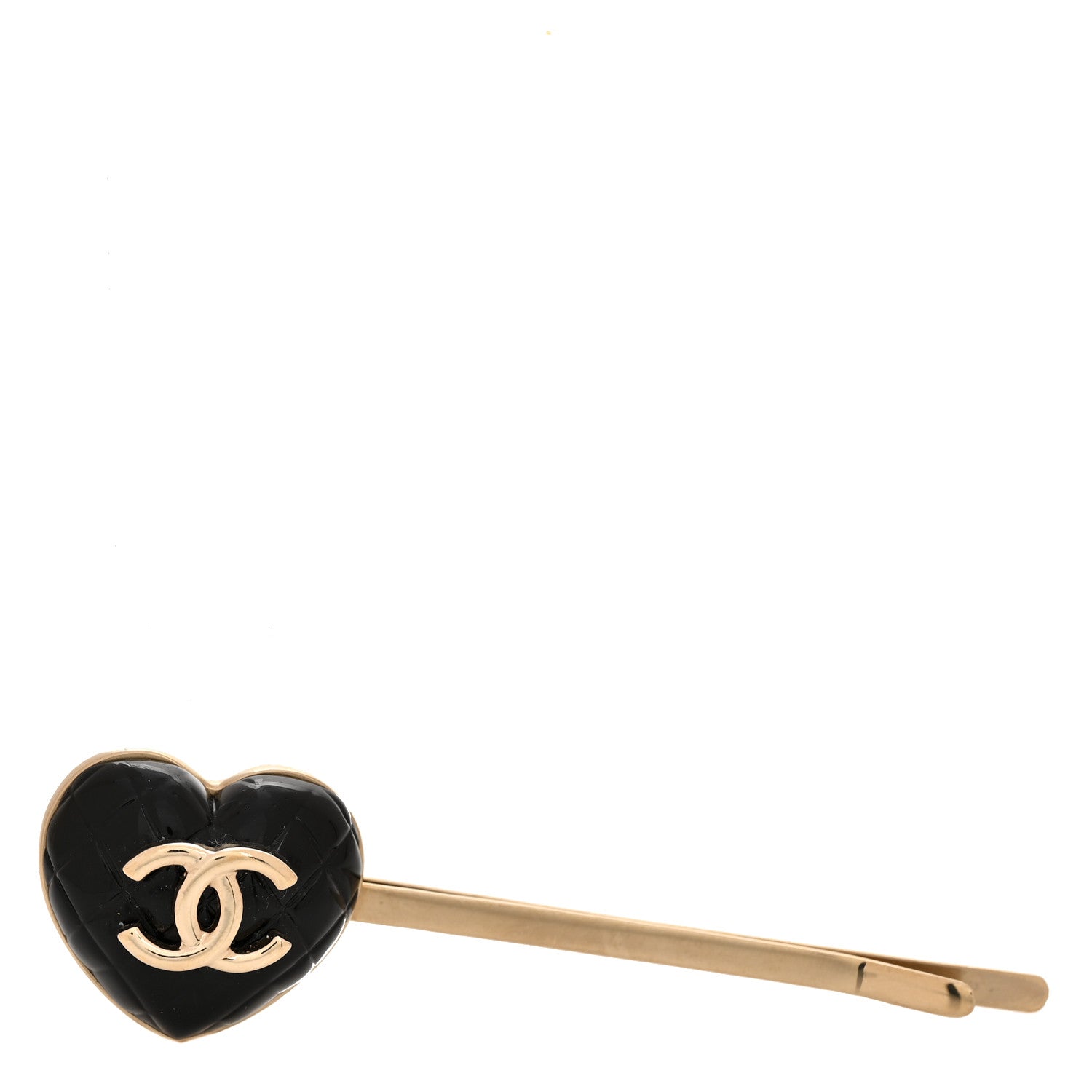 Chanel Resin Quilted Heart CC Hair Clip Pin Gold Black 1821763