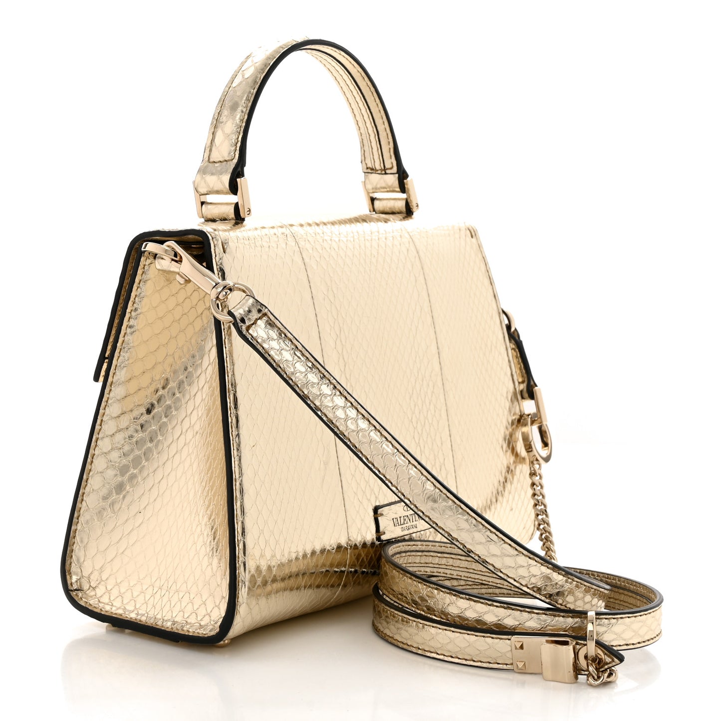 Metallic Calfskin Snake Embossed Mini VSling Top Handle Bag Gold