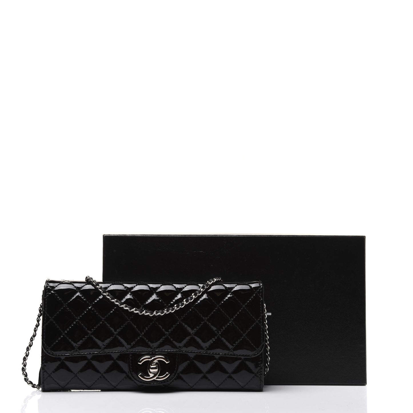 Patent Calfskin Quilted Flap Clutch With Chain Black