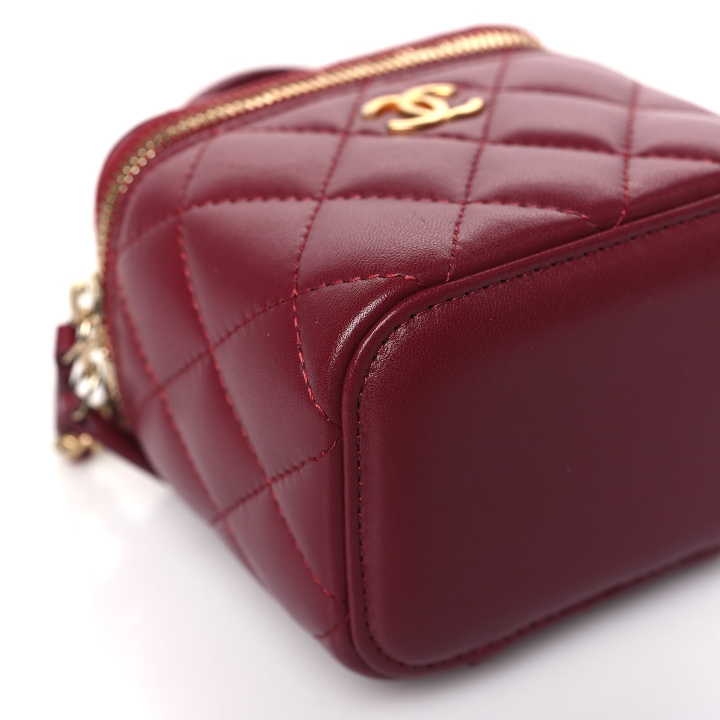 Lambskin Quilted Mini Top Handle Vanity Case With Chain Burgundy