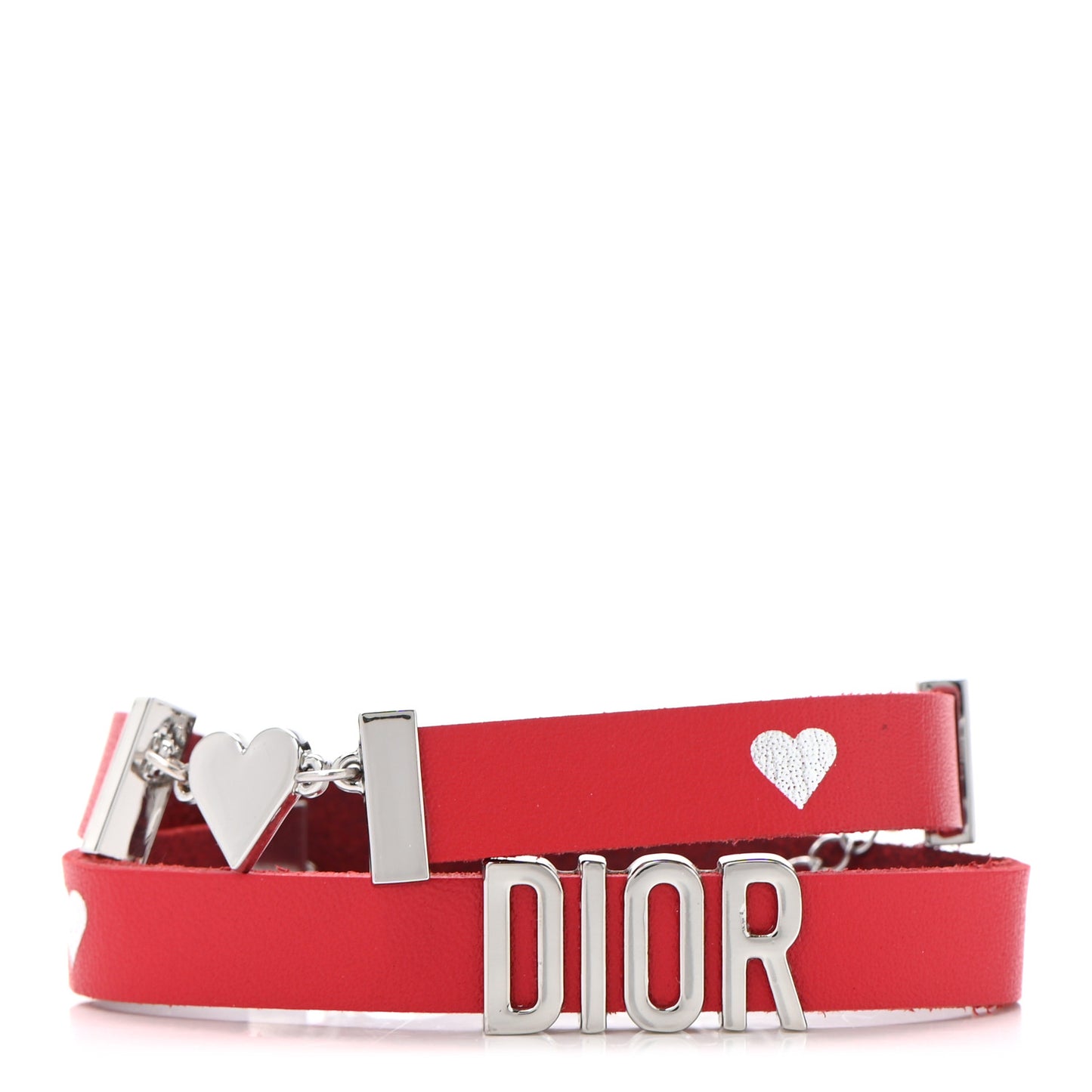 Calfskin Dior Heart Double Bracelet Red