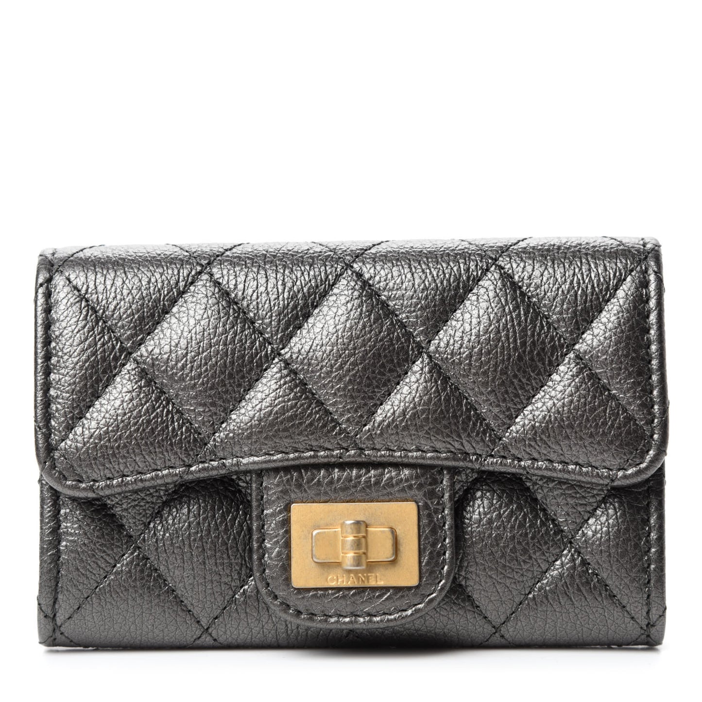 Metallic Calfskin Quilted Reissue Flap Card Holder Charcoal