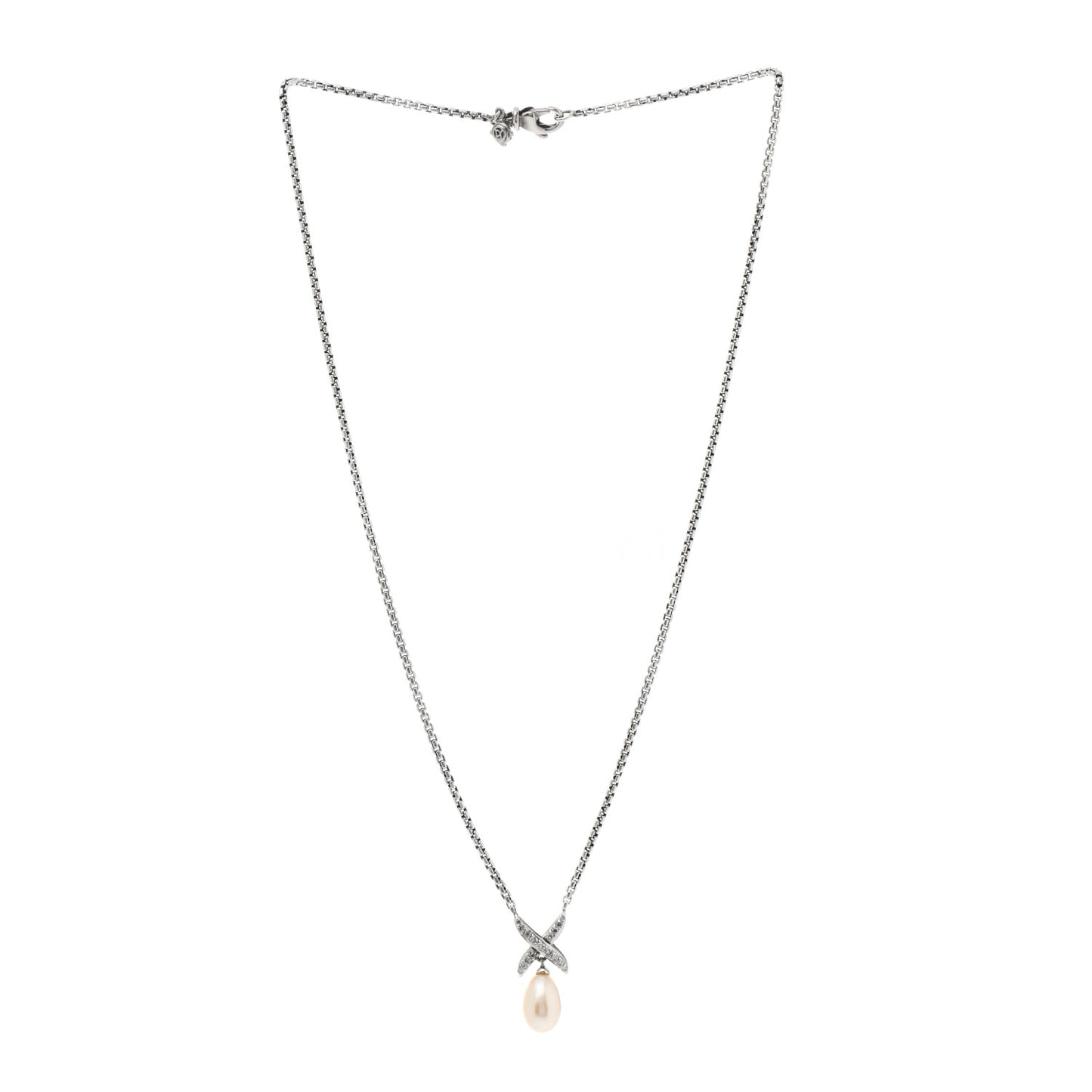 Sterling Silver Cultured Pearl Diamond X Drop Pendant Necklace