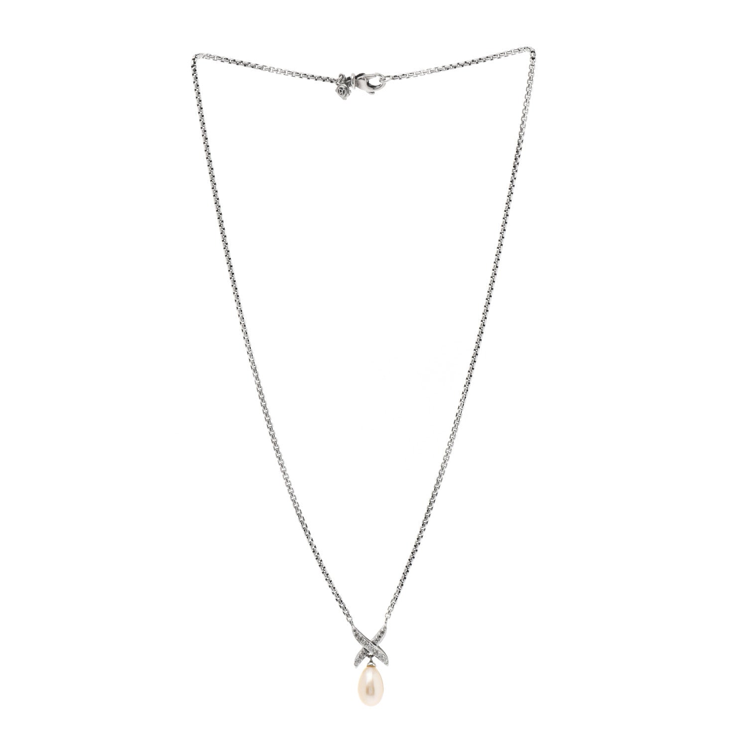 David Yurman Sterling Silver Cultured Pearl Diamond X Drop Pendant Necklace 3 of 6
