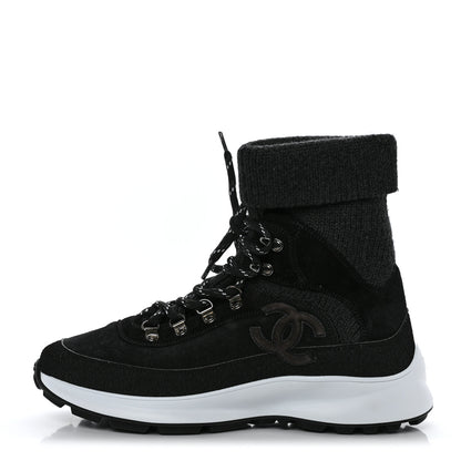 Chanel Suede Calfskin Knit CC Sneakers 40 Black Dark Gray 1 of 8