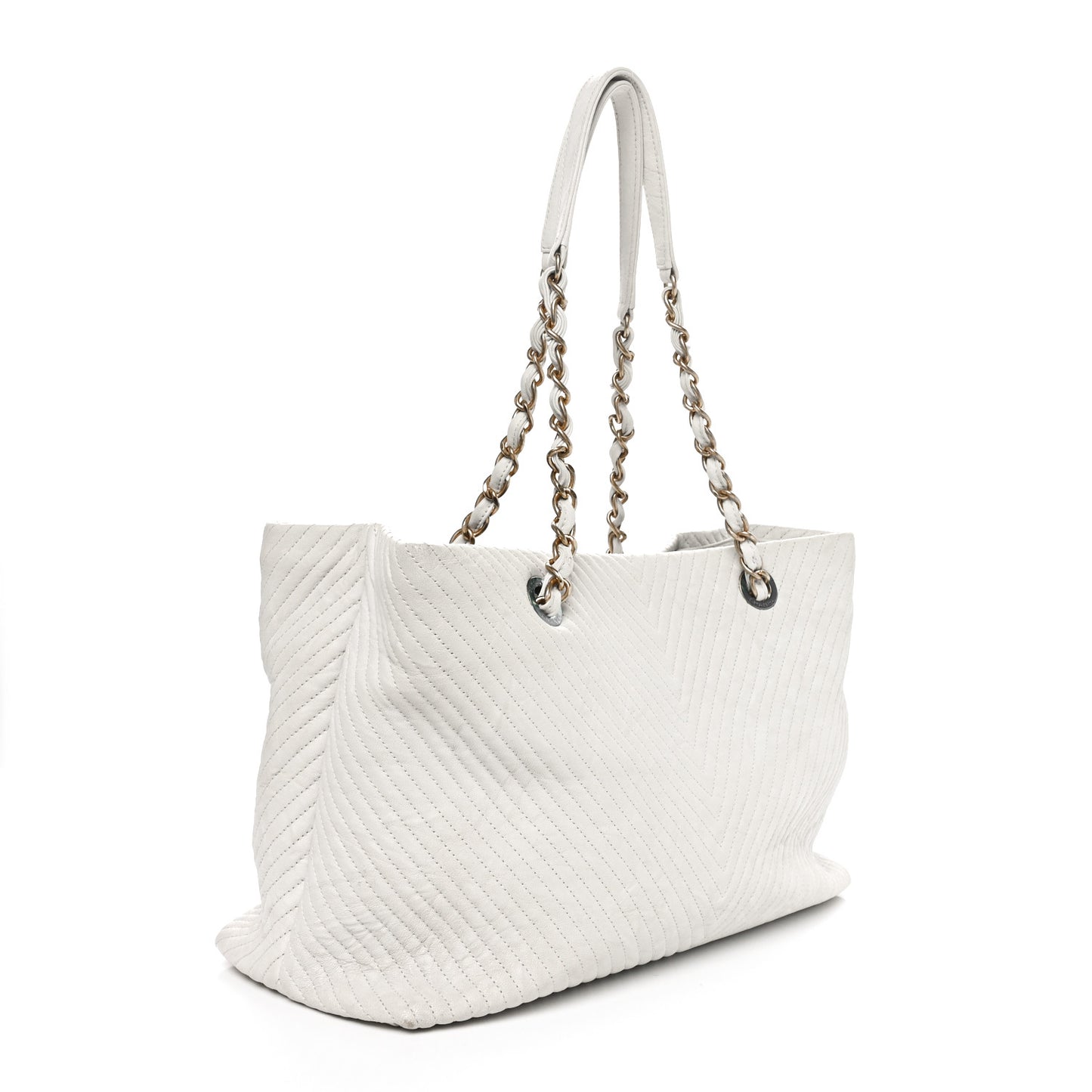 Wrinkled Lambskin Chevron Quilted Surpique Tote White