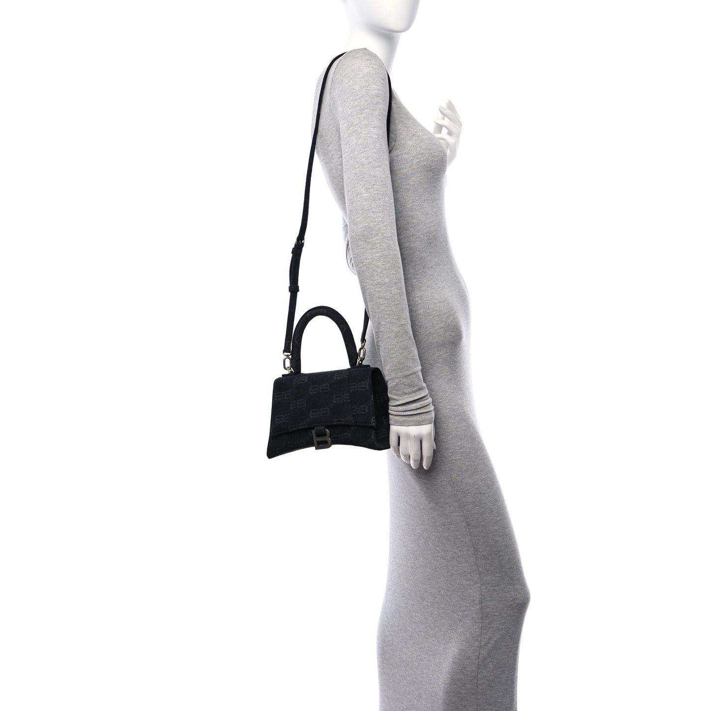Washed Denim BB Monogram Small Hourglass Top Handle Bag Black