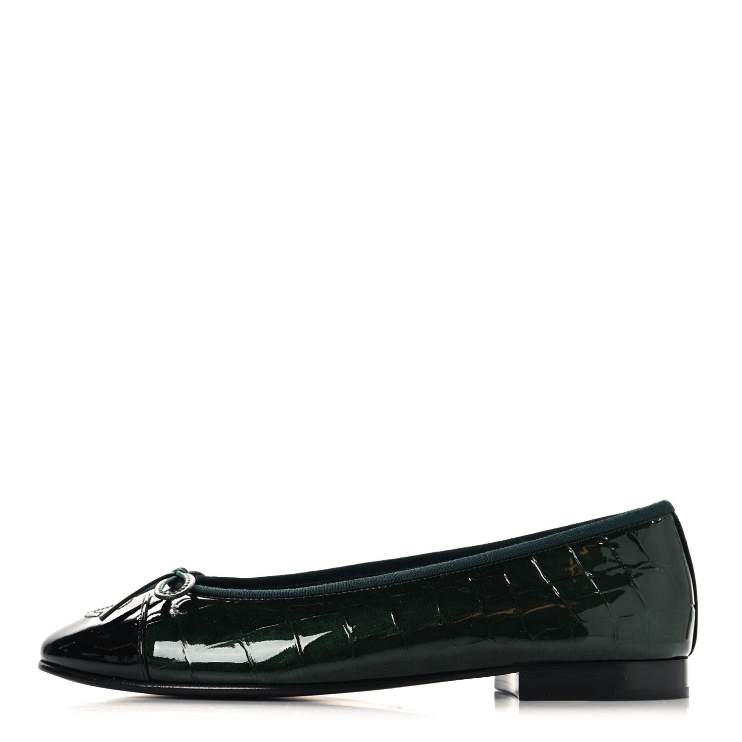 Chanel Patent Crocodile Embossed Ballerina Flats 37.5 Dark Green Black 1 of 10