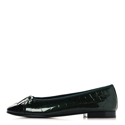 Chanel Patent Crocodile Embossed Ballerina Flats 37.5 Dark Green Black 1 of 10