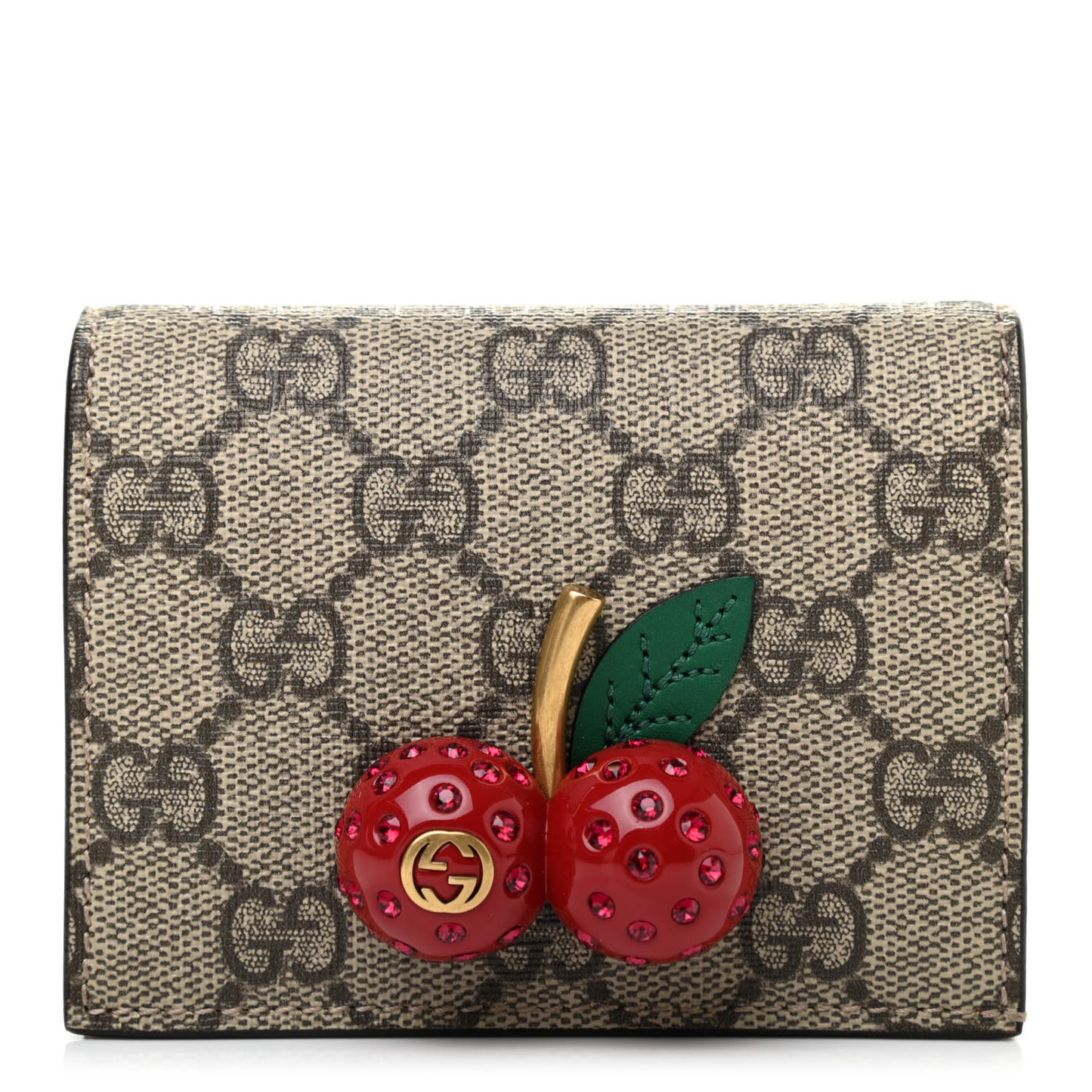 GG Supreme Monogram Cherry Embellished Card Case Wallet Hibiscus Red