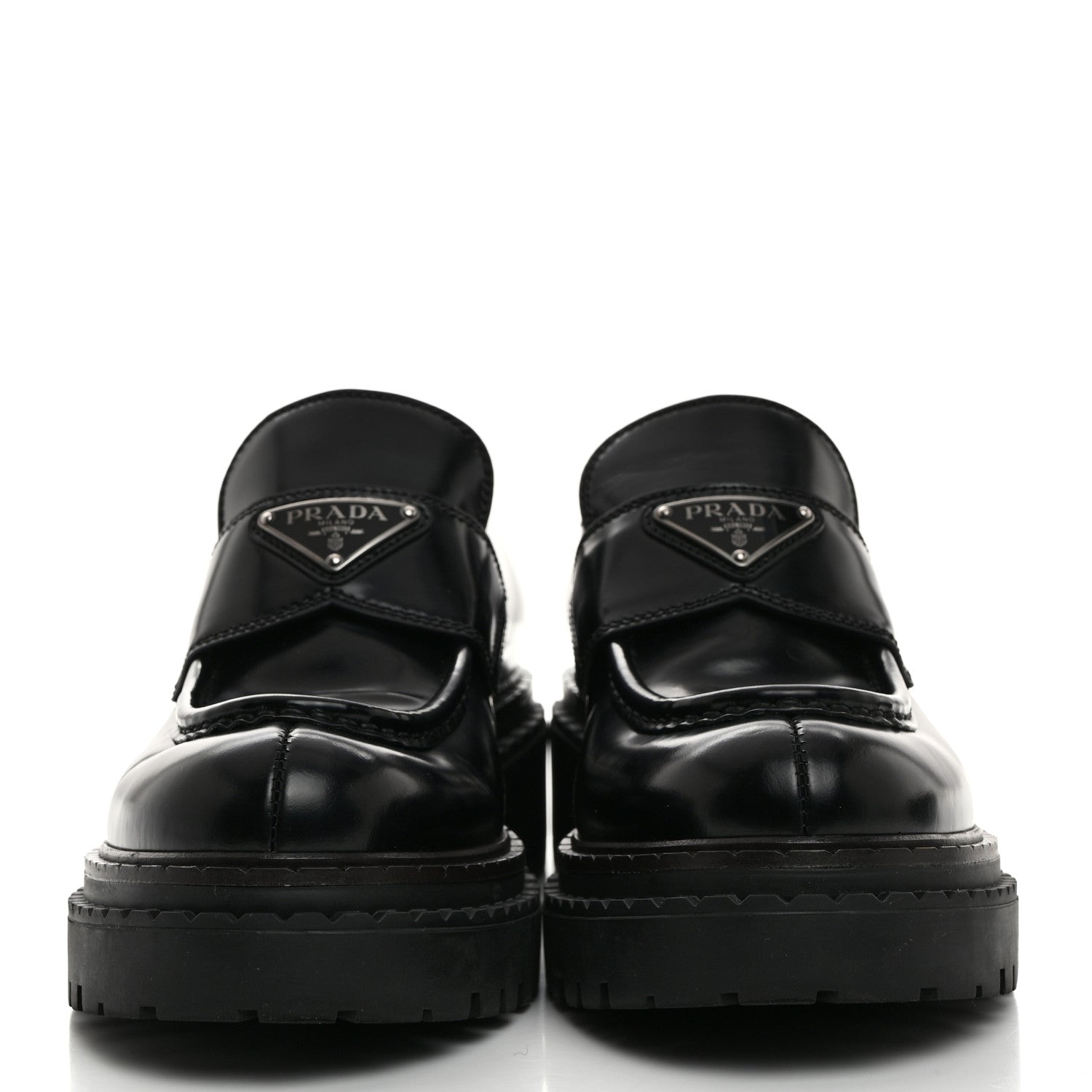 Prada Spazzolato Metal Triangle Logo Double Chocolate Loafers 38 Black 2 of 8