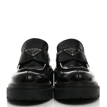 Prada Spazzolato Metal Triangle Logo Double Chocolate Loafers 38 Black 2 of 8