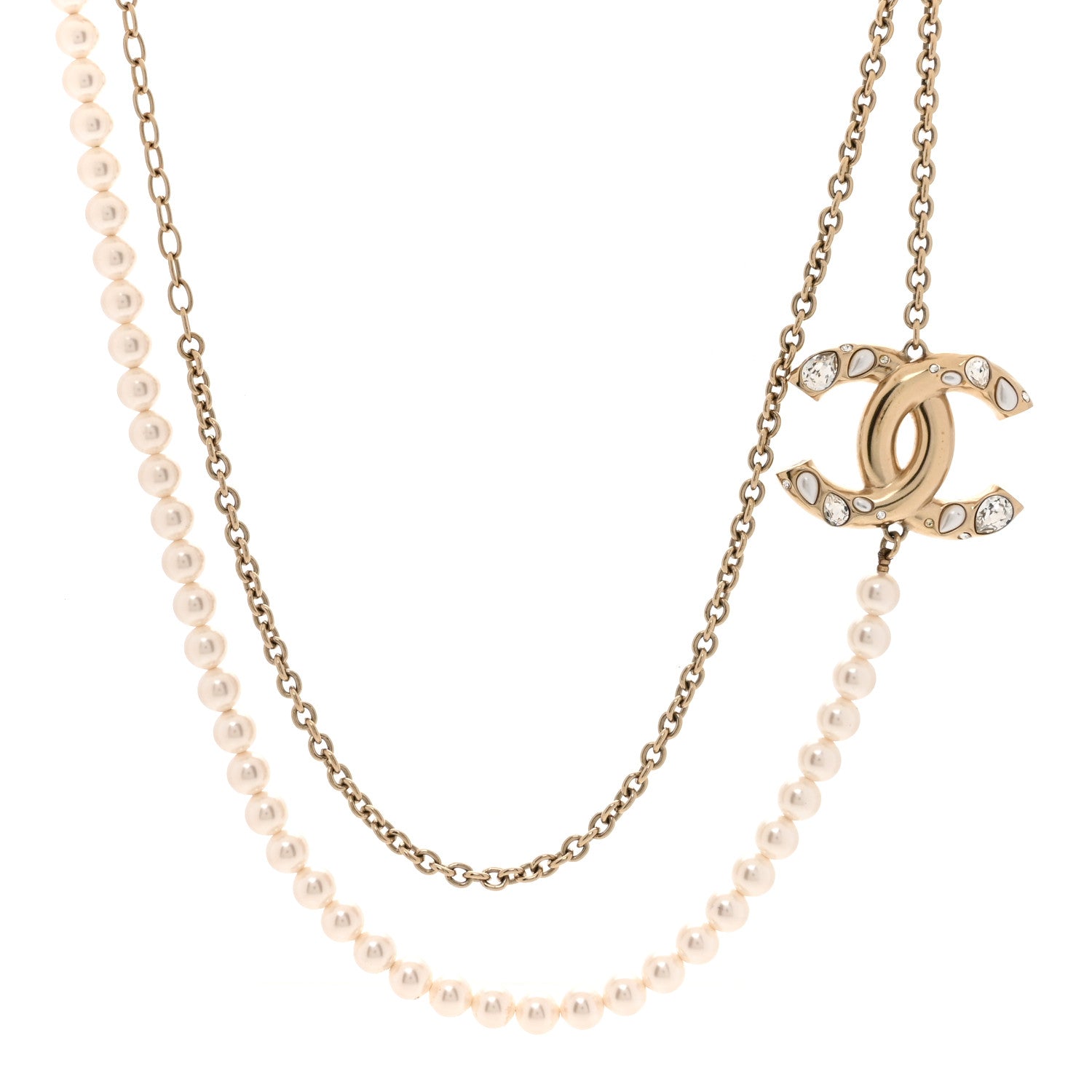 Chanel Metal Pearl Crystal Chain CC Long Necklace Gold 1 of 5