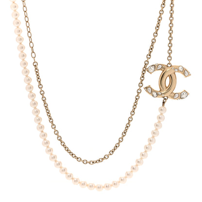 Chanel Metal Pearl Crystal Chain CC Long Necklace Gold 1 of 5