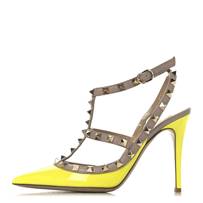 Valentino Garavani Patent Nappa Rockstud Ankle Strap 100mm Pumps 37.5 Yellow Fluo Poudre 1 of 9