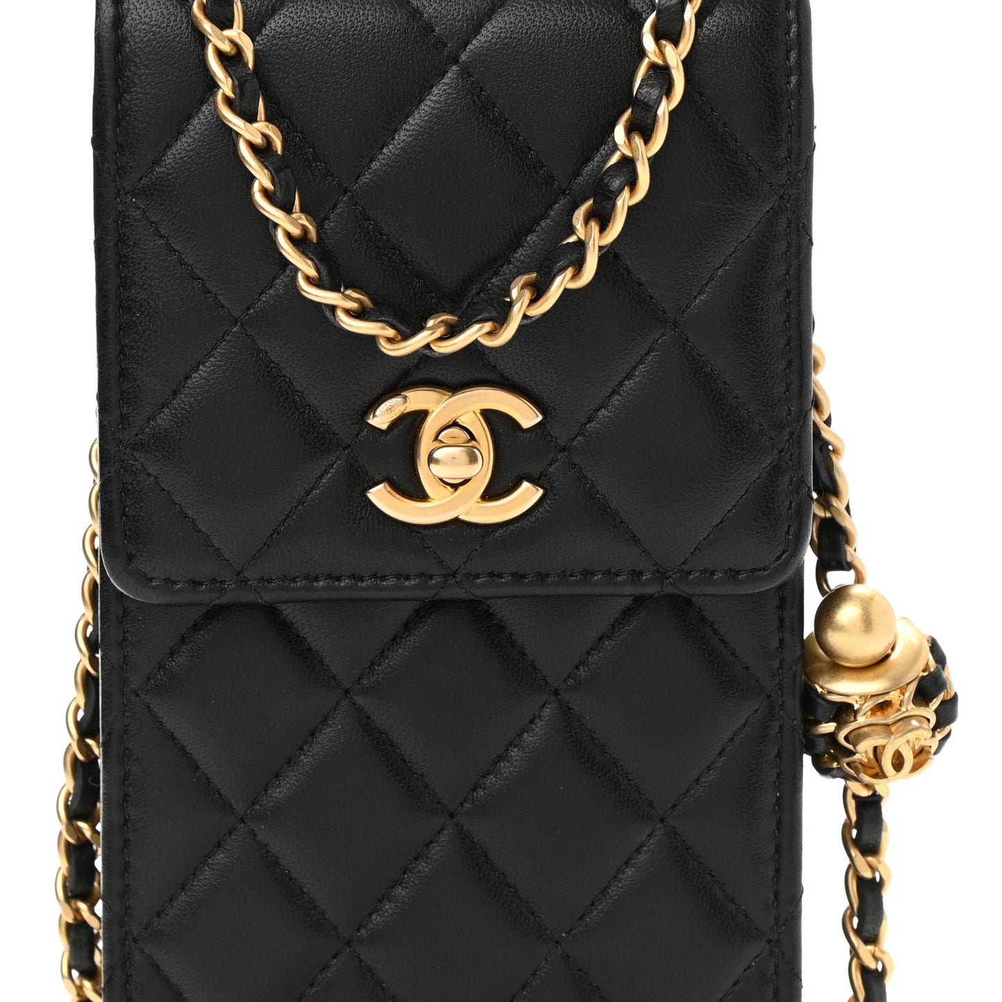 Lambskin Quilted Pearl Crush Phone Holder With Chain Black