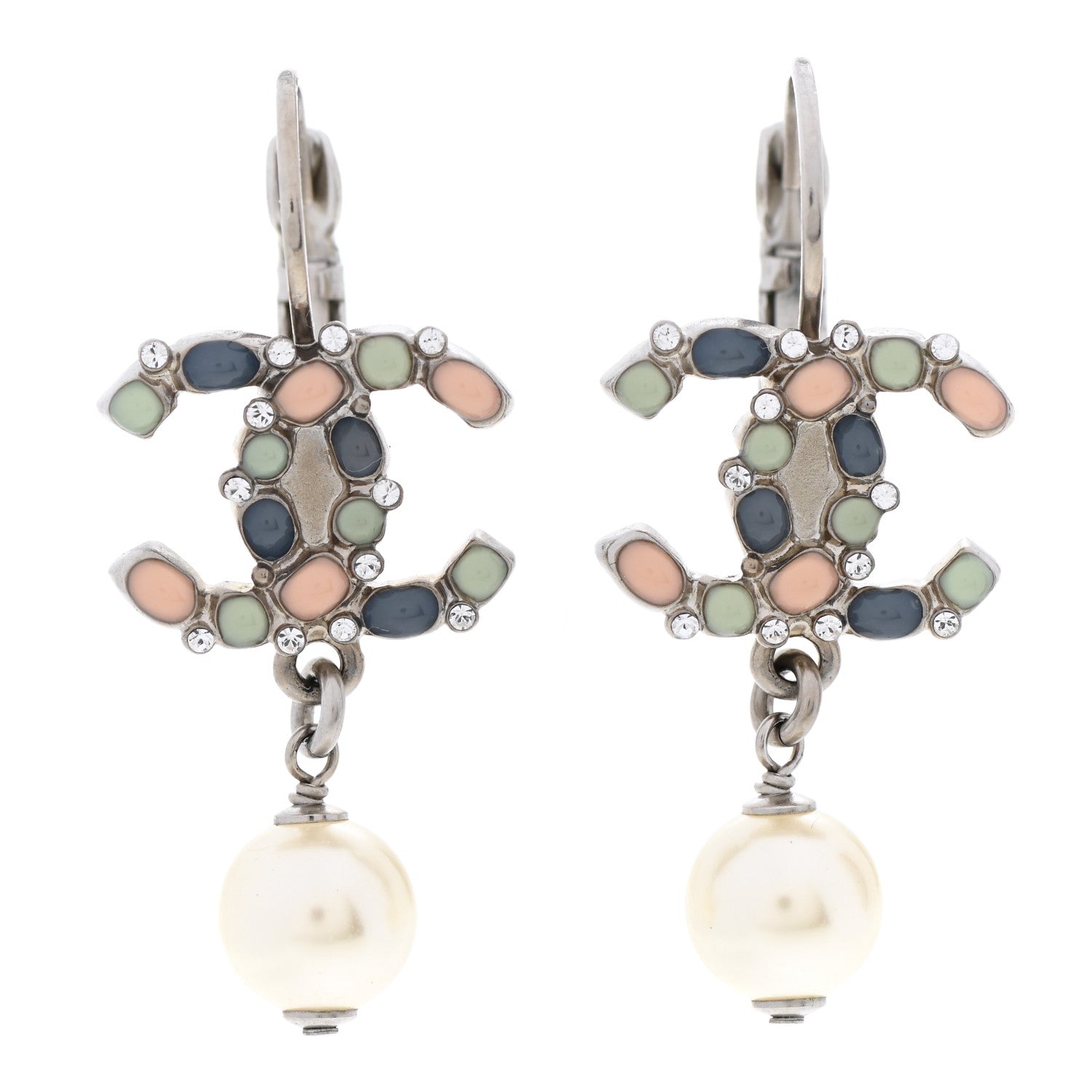 Chanel Gripoix Crystal Pearl CC Drop Earrings Silver Multicolor 1 of 4