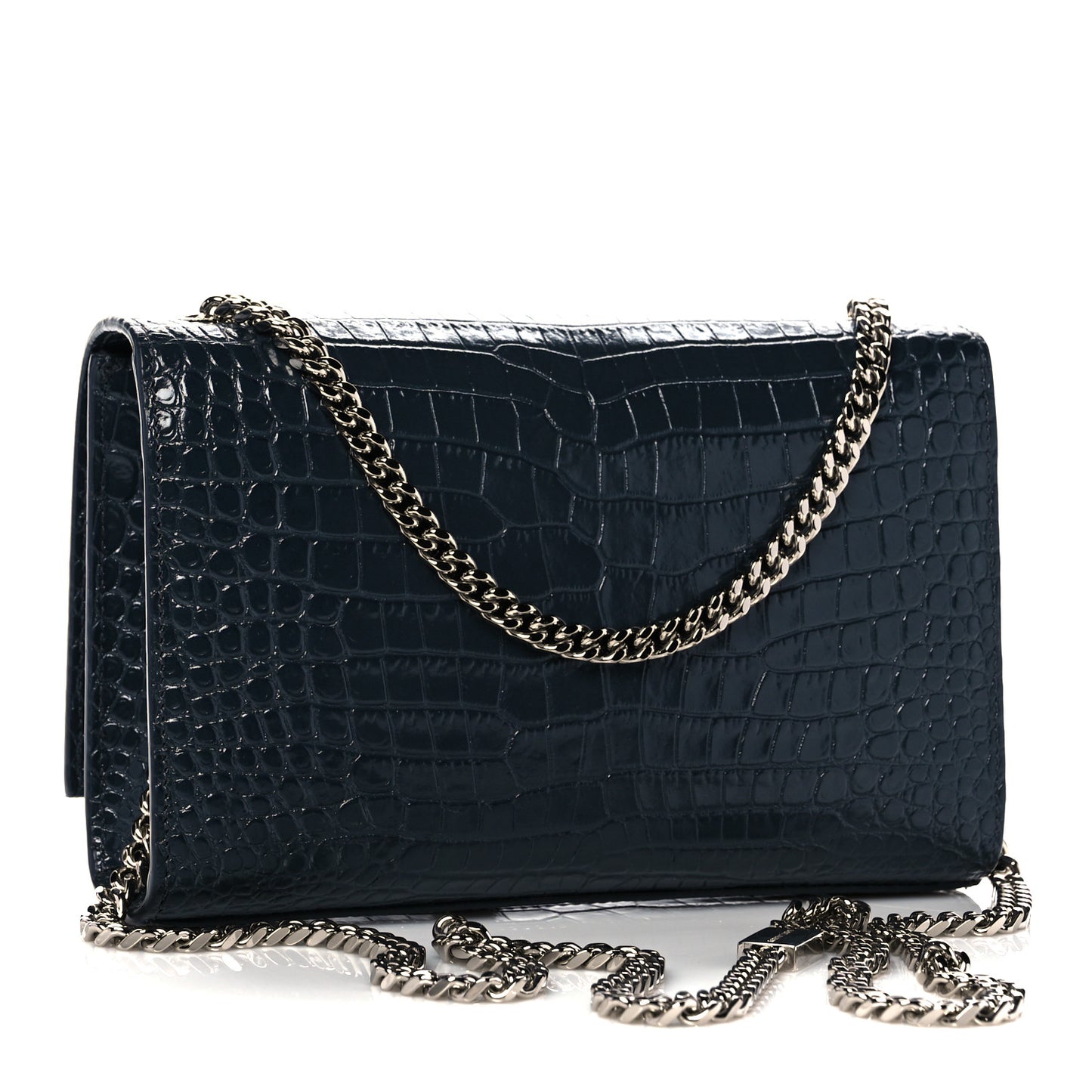 Calfskin Crocodile Embossed Small Classic Monogram Kate Tassel Satchel Navy