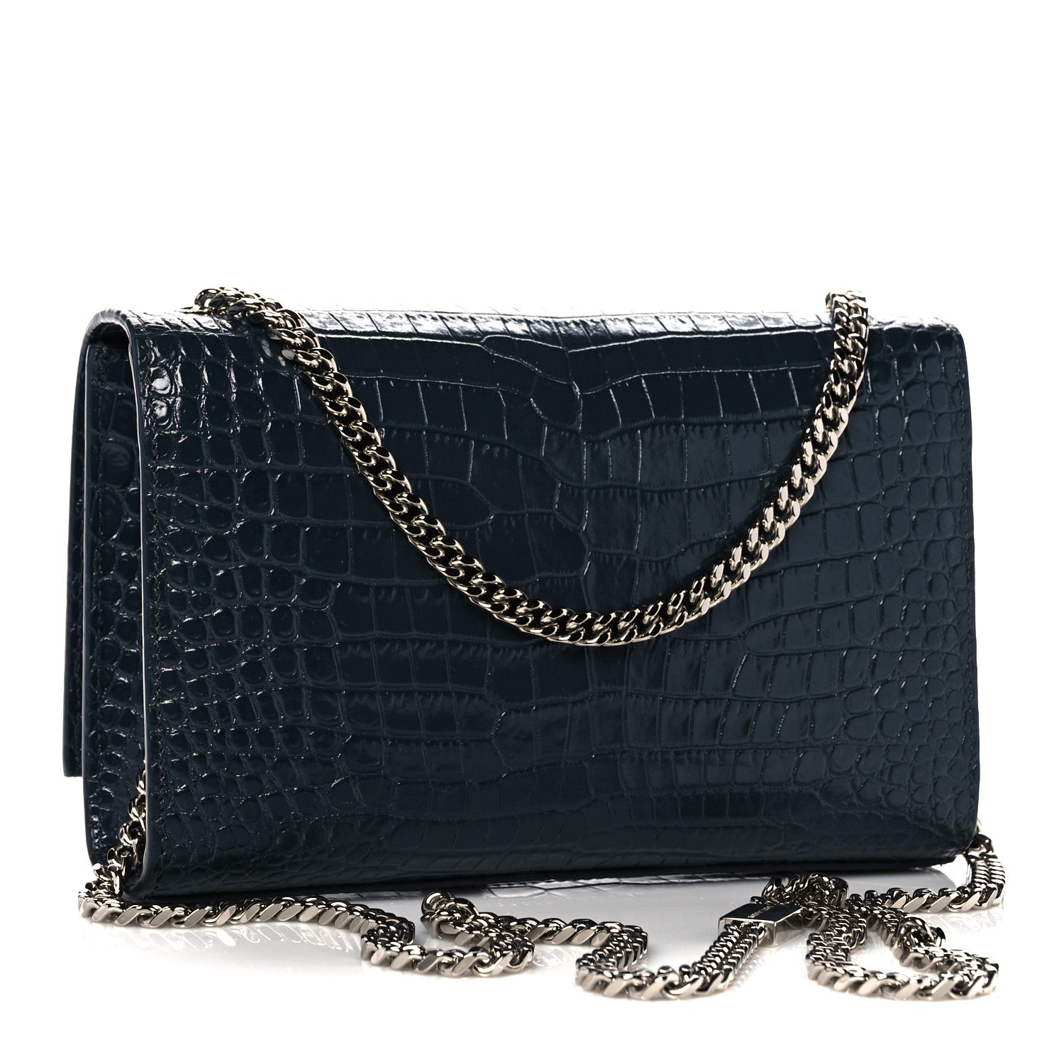 Saint Laurent Calfskin Crocodile Embossed Small Classic Monogram Kate Tassel Satchel Navy 3 of 10