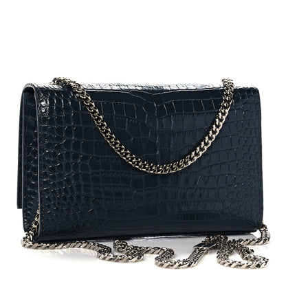 Saint Laurent Calfskin Crocodile Embossed Small Classic Monogram Kate Tassel Satchel Navy 3 of 10