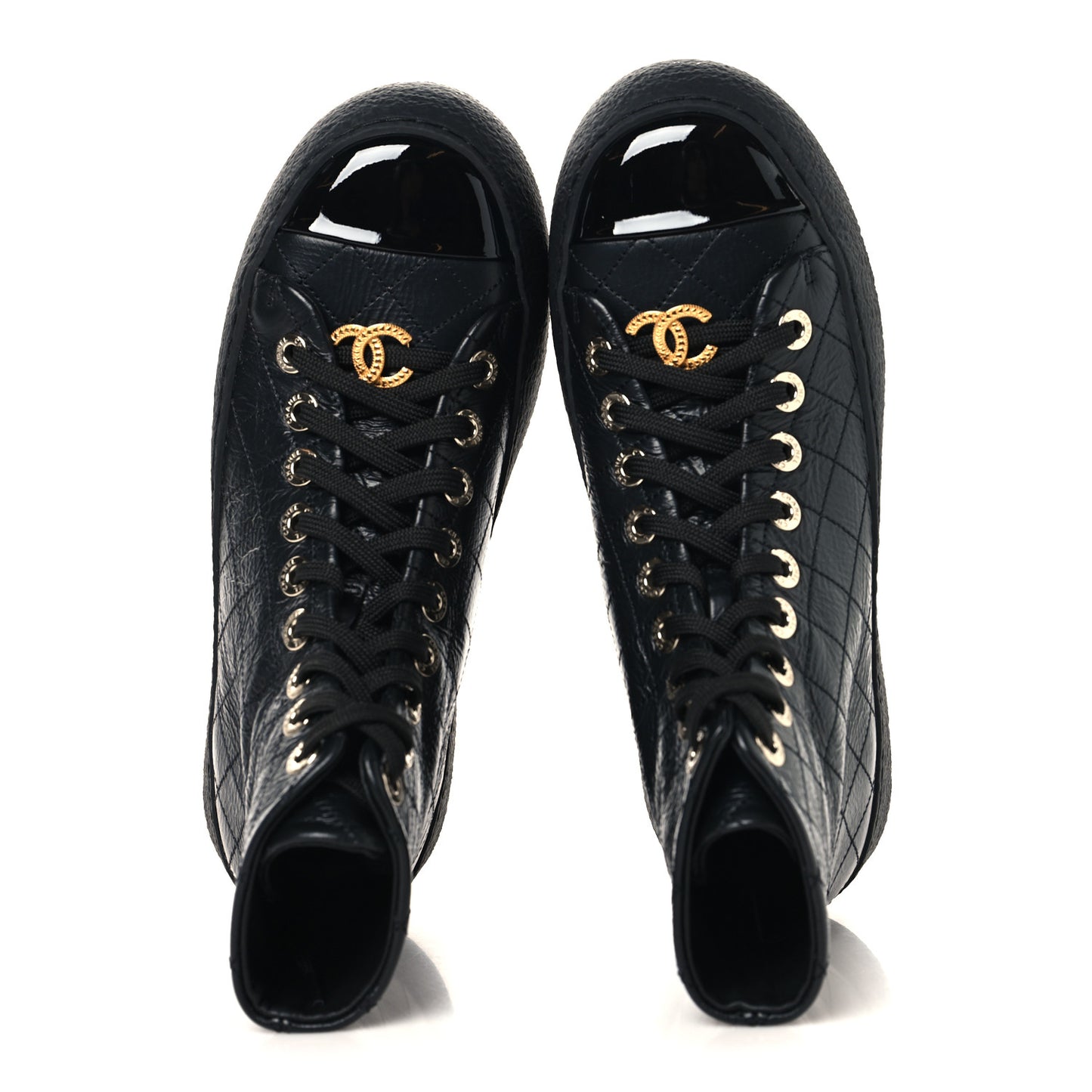 Crumpled Lambskin Patent Cap Toe CC Stitched High Top Sneakers 37.5 Black