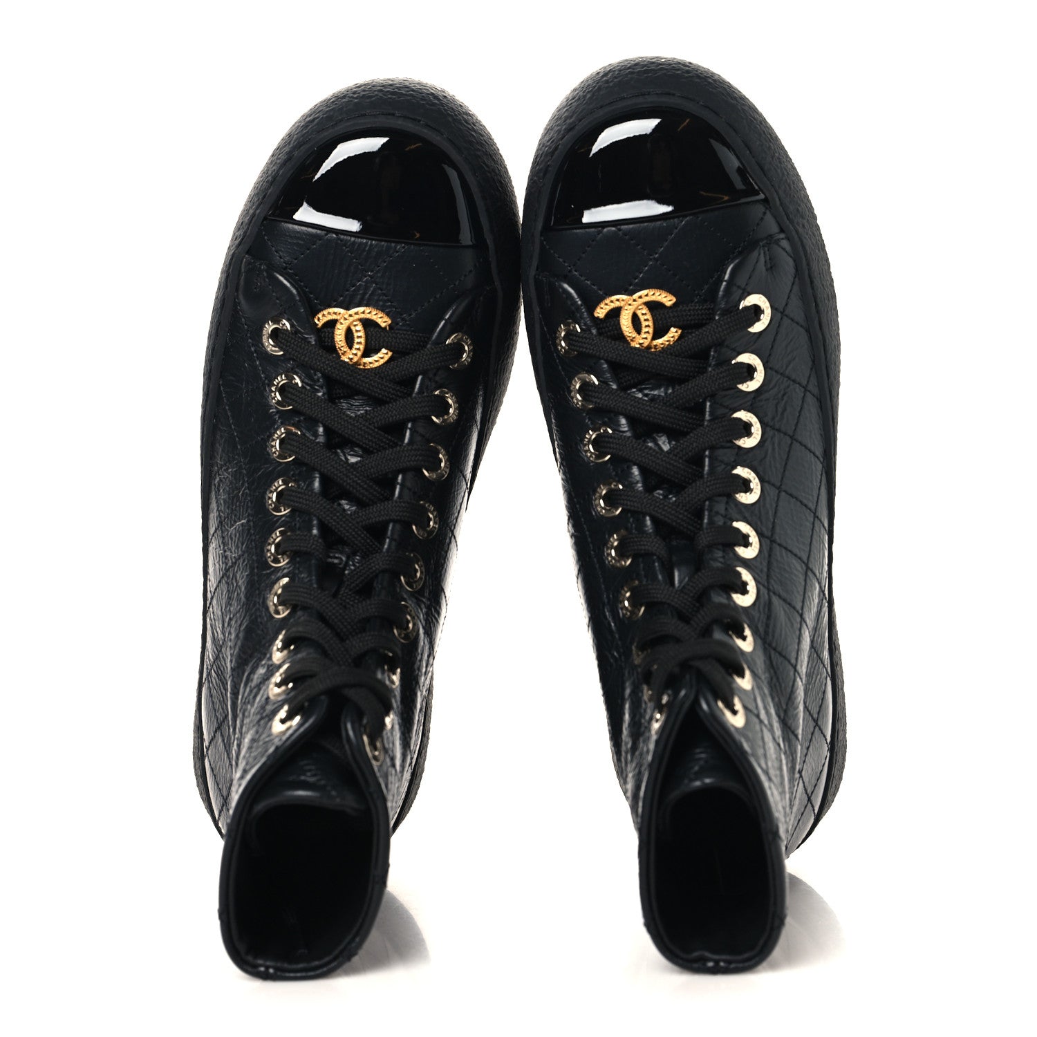 Chanel Crumpled Lambskin Patent Cap Toe CC Stitched High Top Sneakers 37.5 Black 2 of 8
