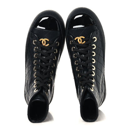 Chanel Crumpled Lambskin Patent Cap Toe CC Stitched High Top Sneakers 37.5 Black 2 of 8