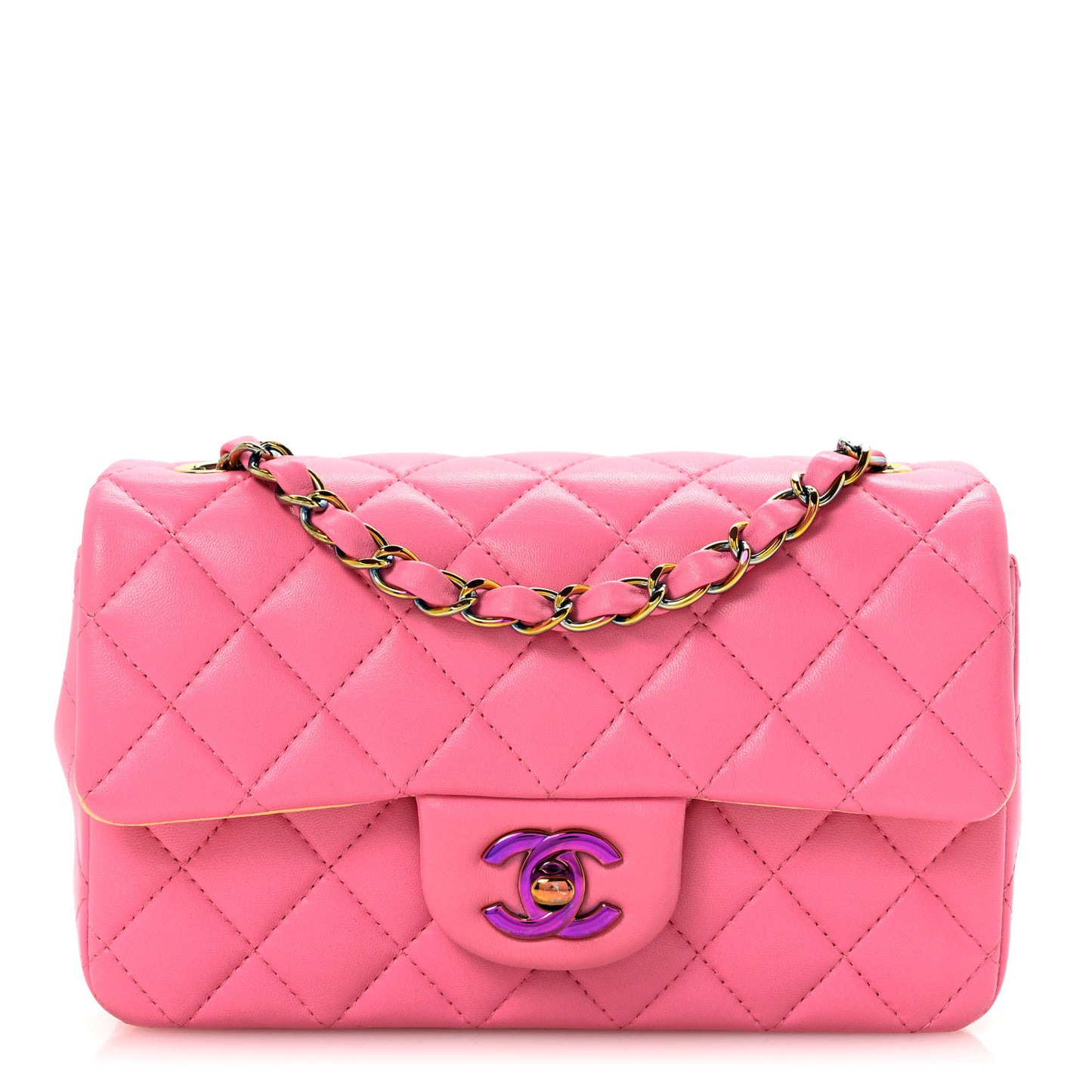 Lambskin Quilted Mini Rectangular Flap Pink Yellow