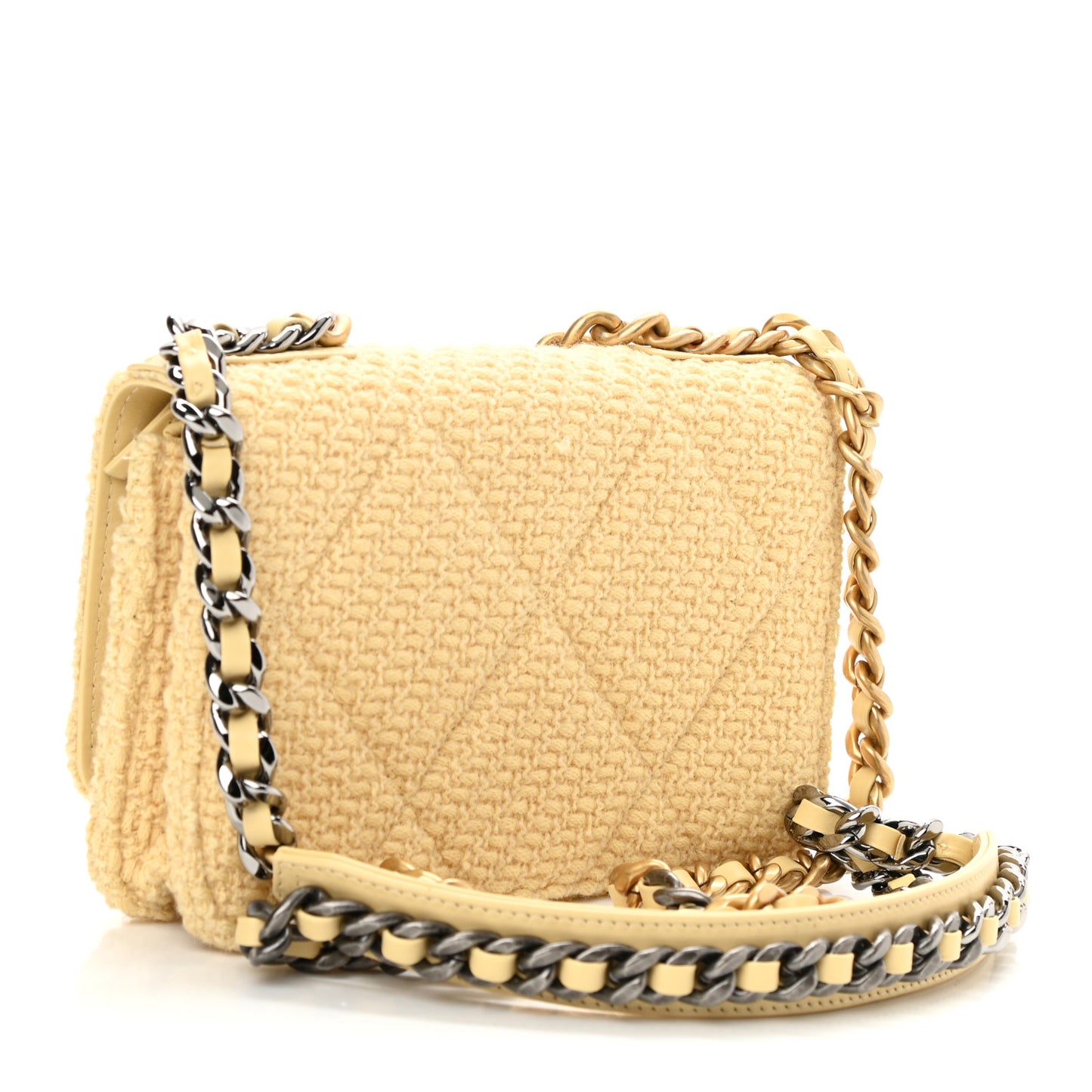 Wool Tweed Quilted Chanel 19 Wallet On Chain WOC Yellow