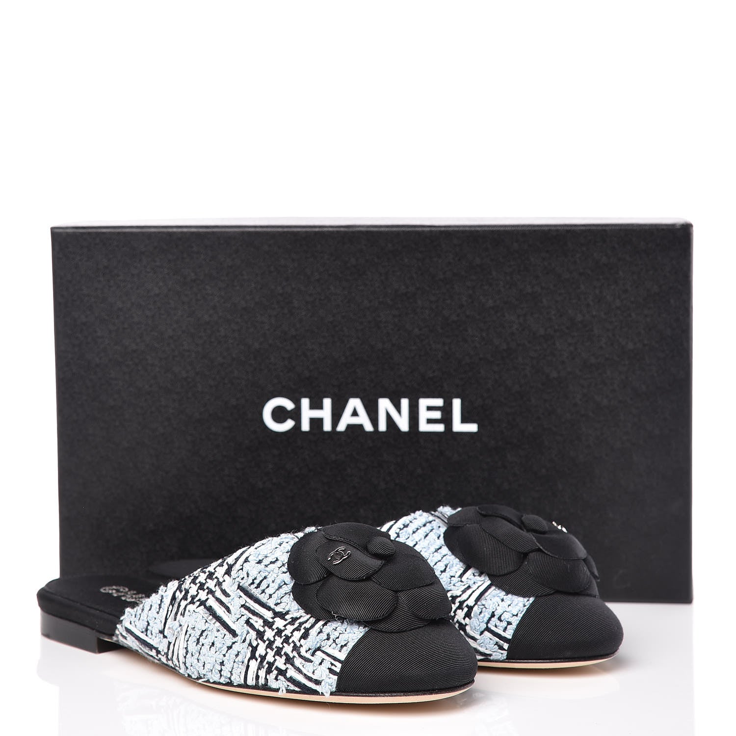 Chanel Tweed Grosgrain Camellia CC Flat Mules 36.5 Blue Silver Black 10 of 10