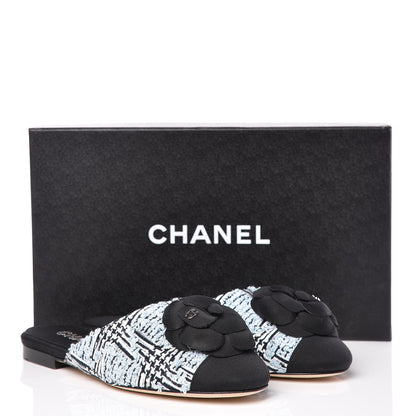 Chanel Tweed Grosgrain Camellia CC Flat Mules 36.5 Blue Silver Black 10 of 10