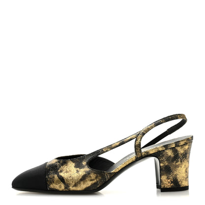 Chanel Laminated Lambskin Grosgrain Cap Toe CC Slingback Pumps 38 Gold Black 1 of 10