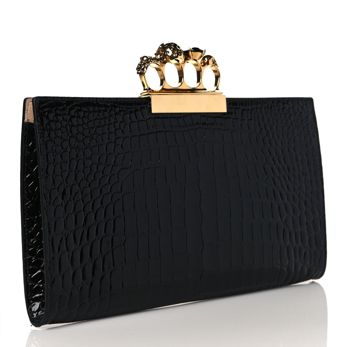 Calfskin Crocodile Embossed Knuckle Flat Clutch Black