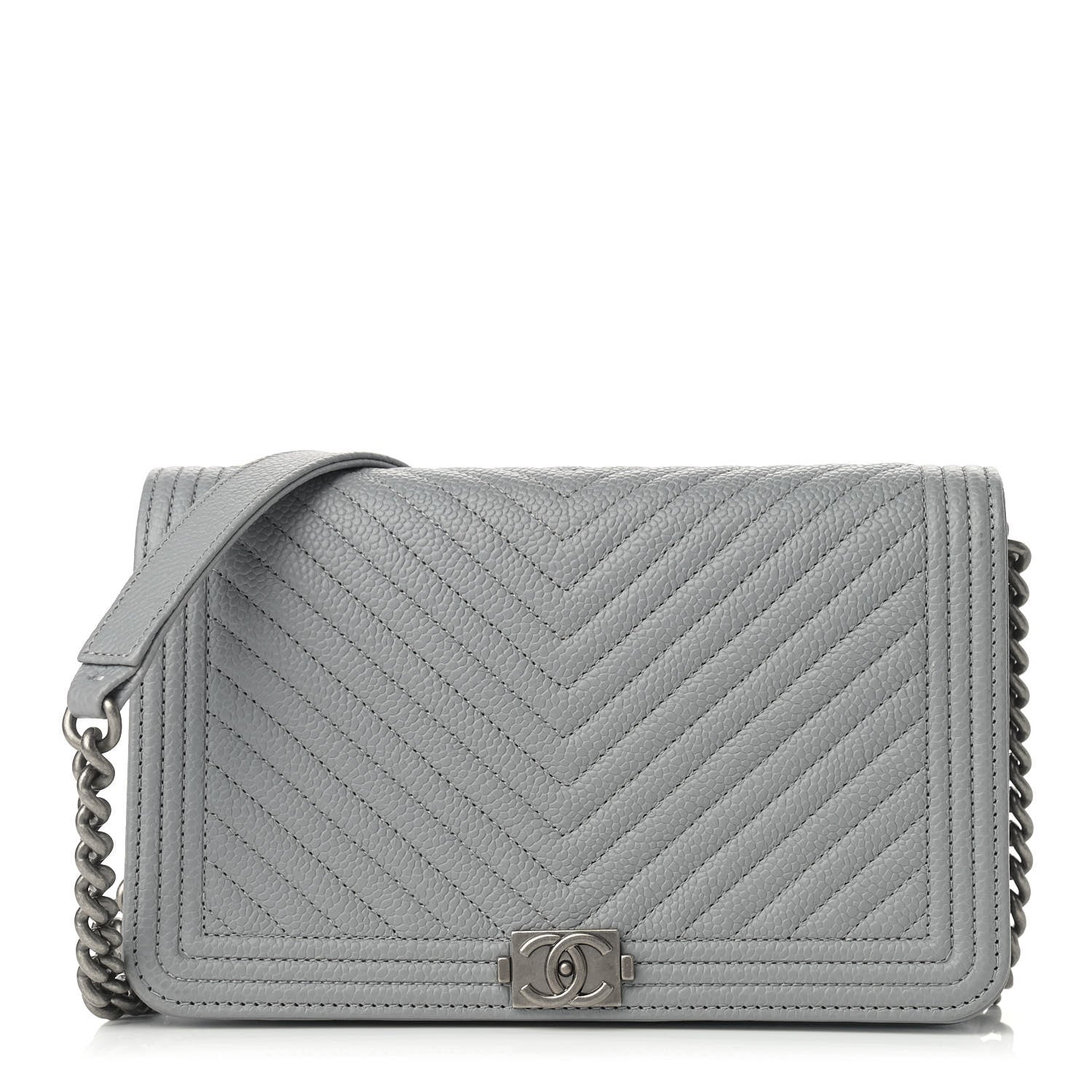 Chanel Caviar Chevron Quilted Boy Wallet On Chain WOC Grey 1 of 10