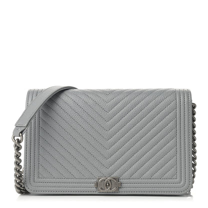 Chanel Caviar Chevron Quilted Boy Wallet On Chain WOC Grey 1 of 10