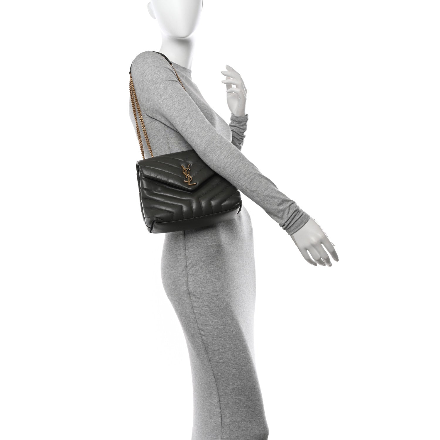 Saint Laurent Calfskin Y Quilted Monogram Small Loulou Chain Satchel Olive 2 of 14