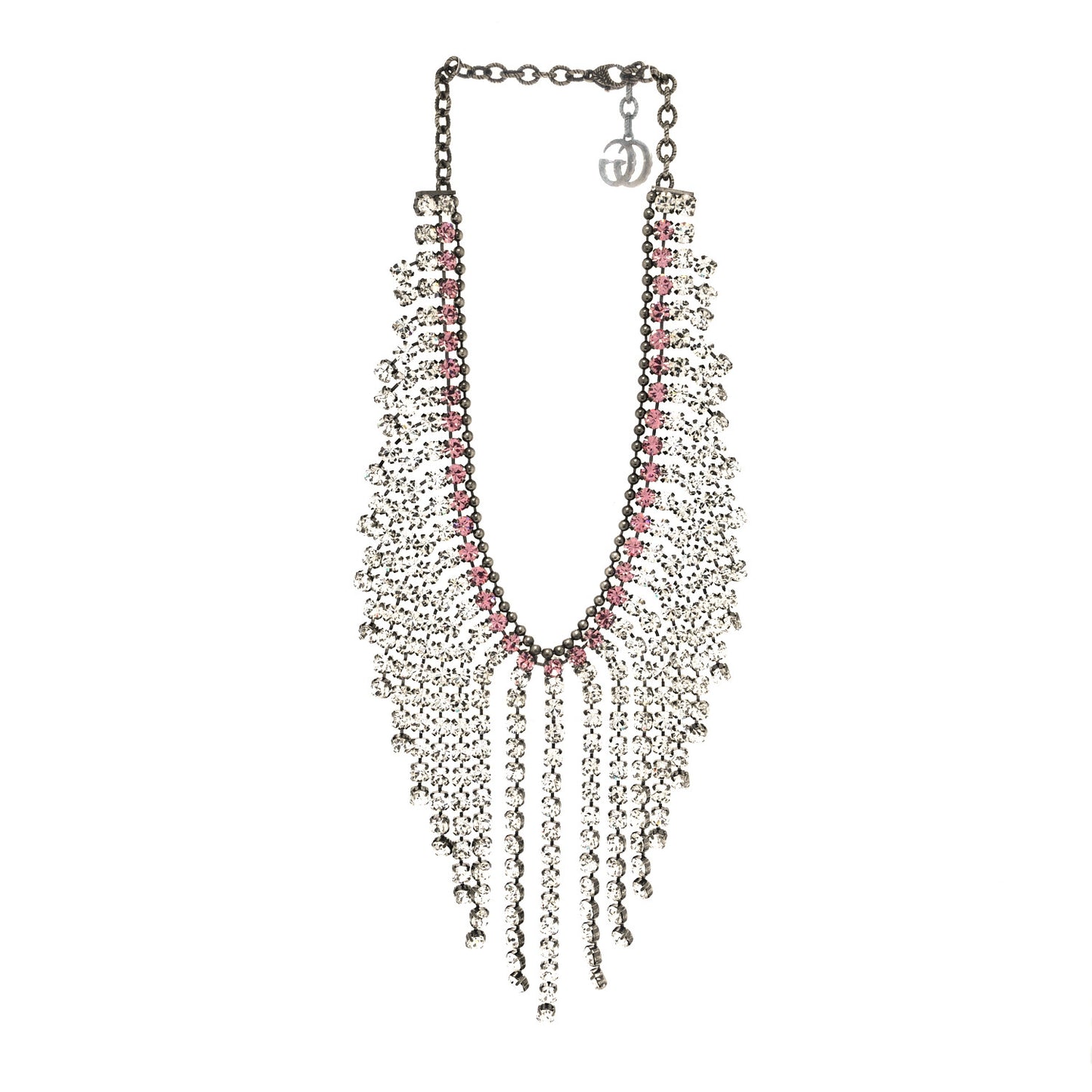 Crystal Embellished Necklace Pink Aged Silver