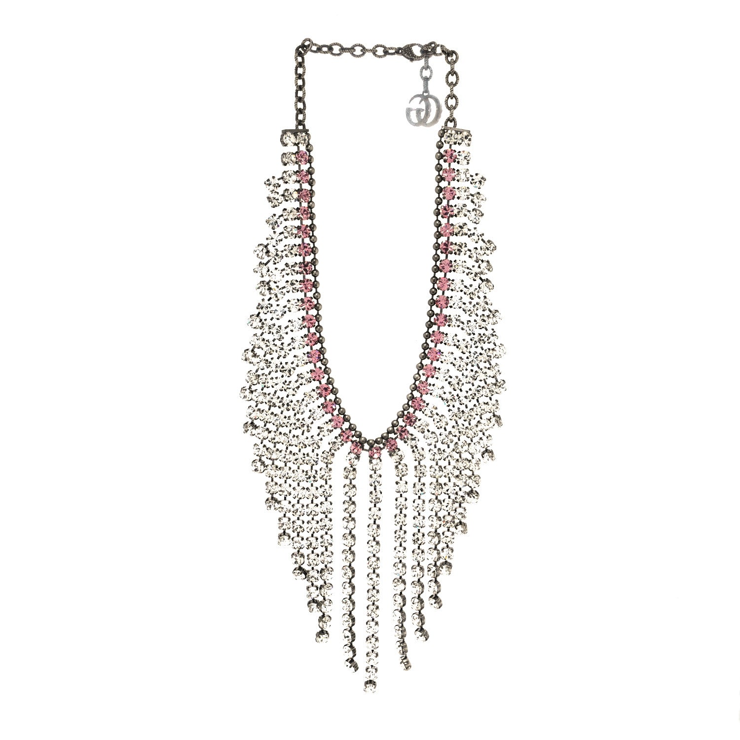 Gucci Crystal Embellished Necklace Pink Aged Silver 1 of 5