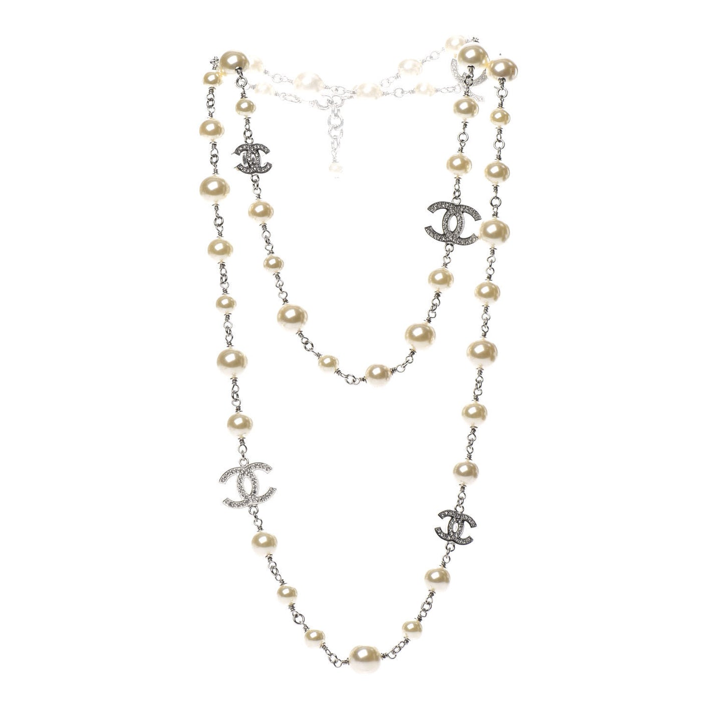 Crystal Pearl CC Long Necklace Silver