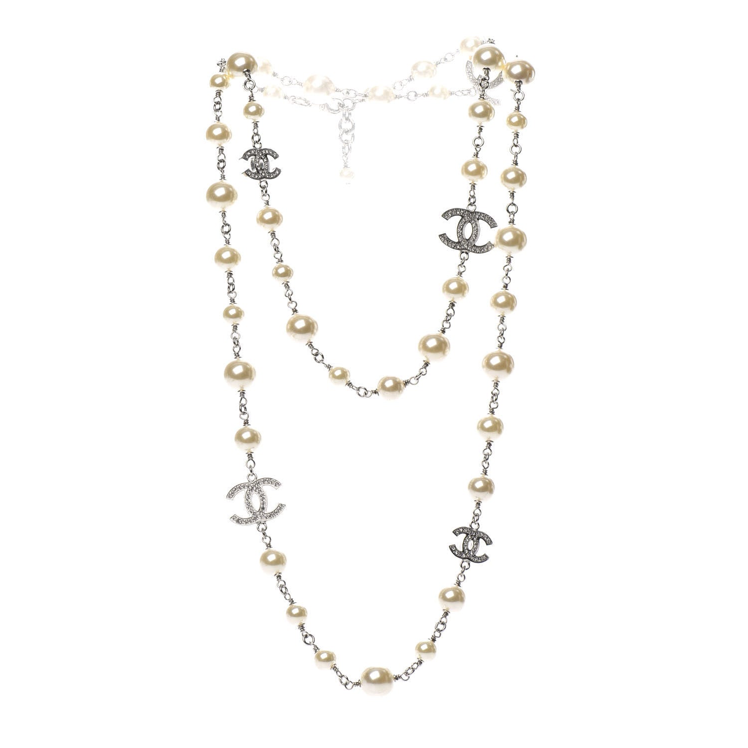 Chanel Crystal Pearl CC Long Necklace Silver 3 of 5